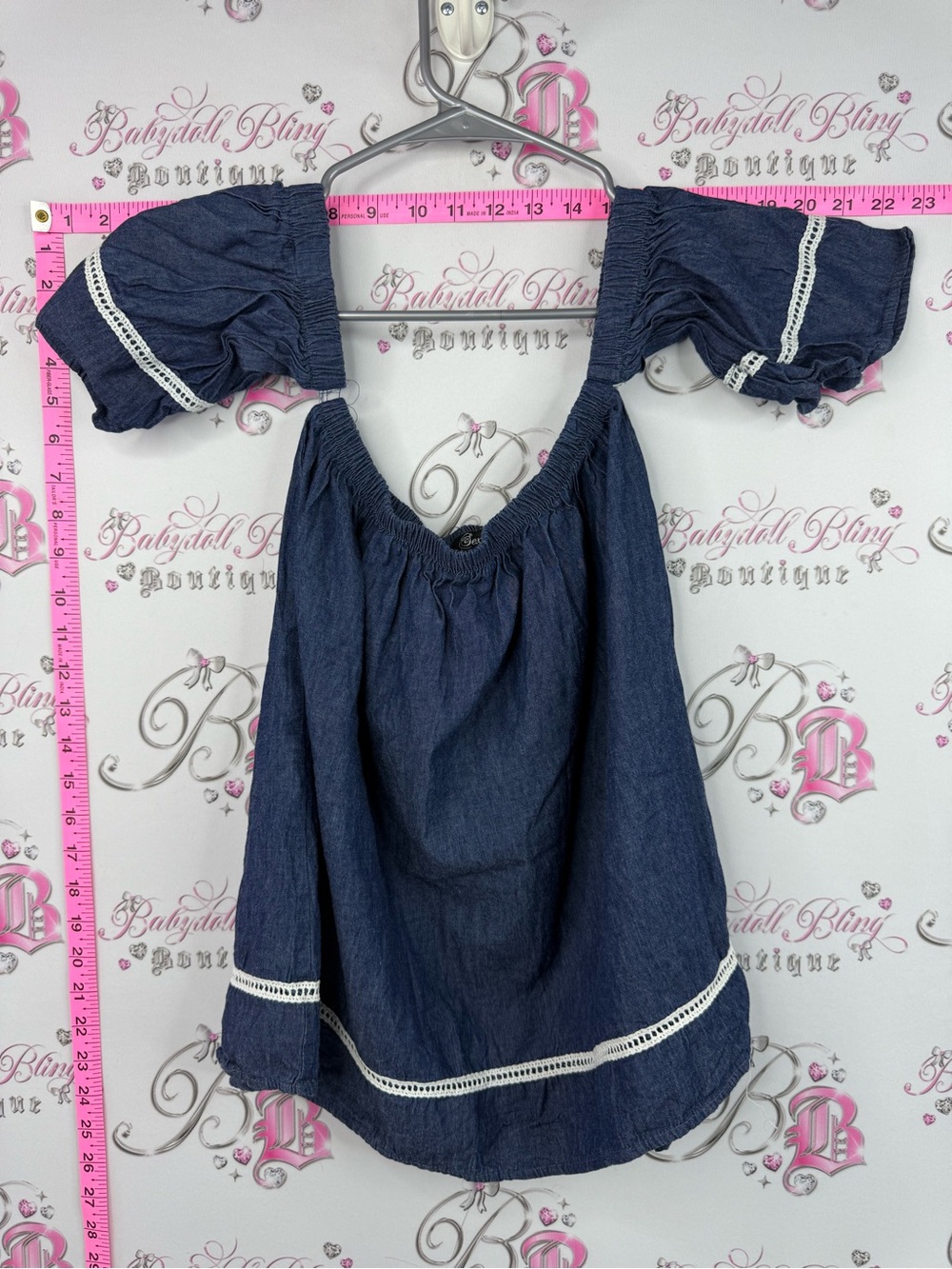 Sexy shirt off shoulder stretchy Denim Blue Peasant Top with Lace Trim